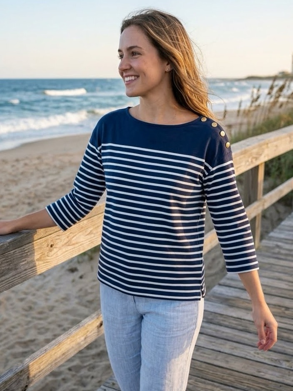 Vineyard Vines Coastal Navy and White Striped Button-Shoulder Top Size S
